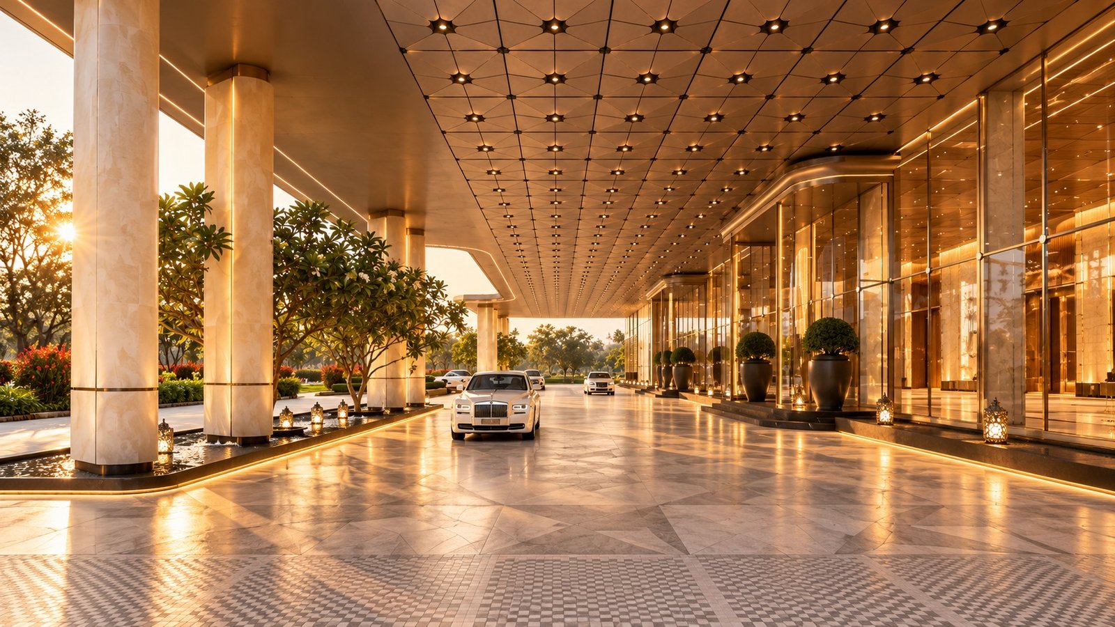 Under the portico, a car drawing up to the doors