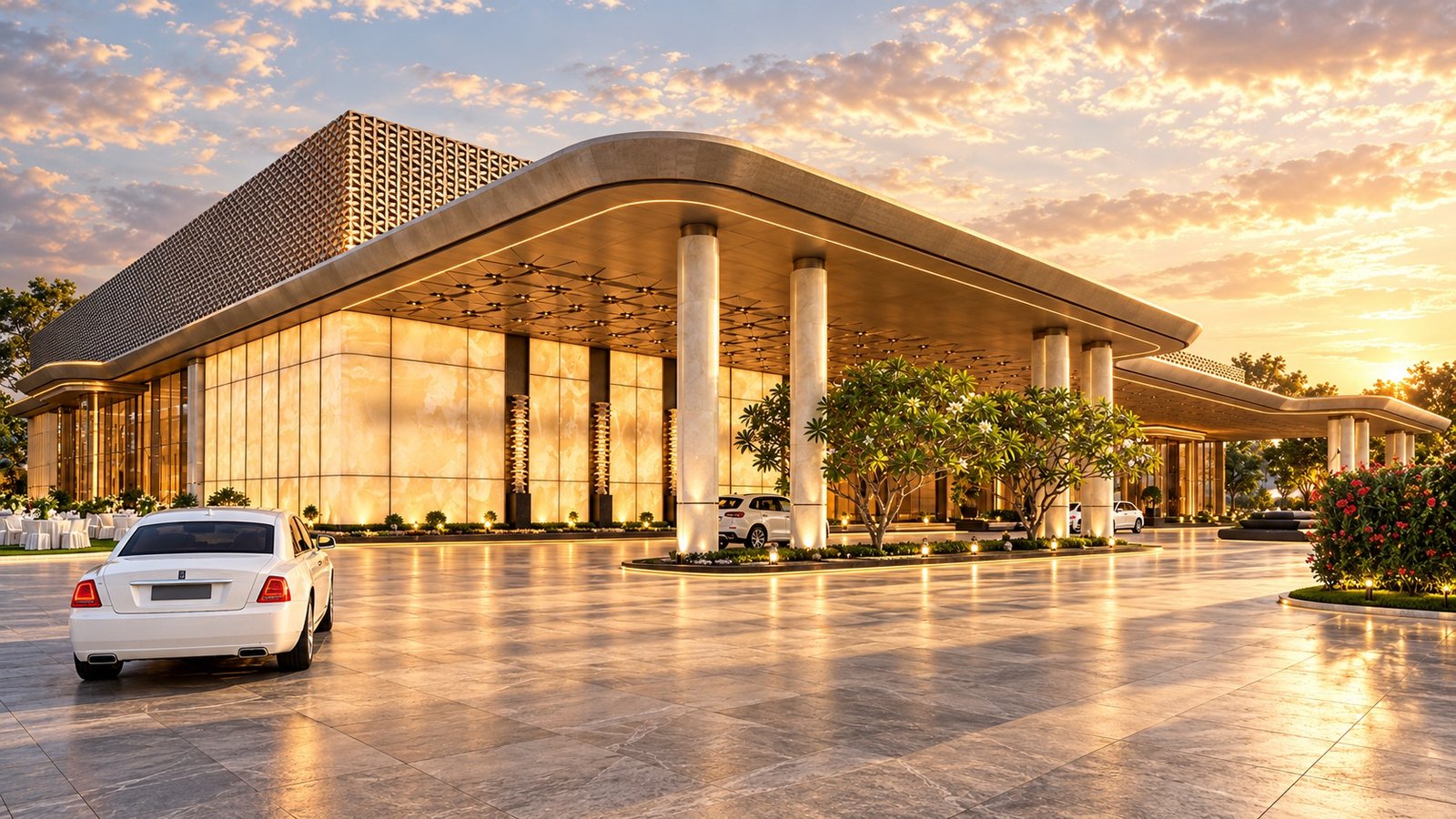 The forecourt and the portico’s curved canopy, a car drawn up