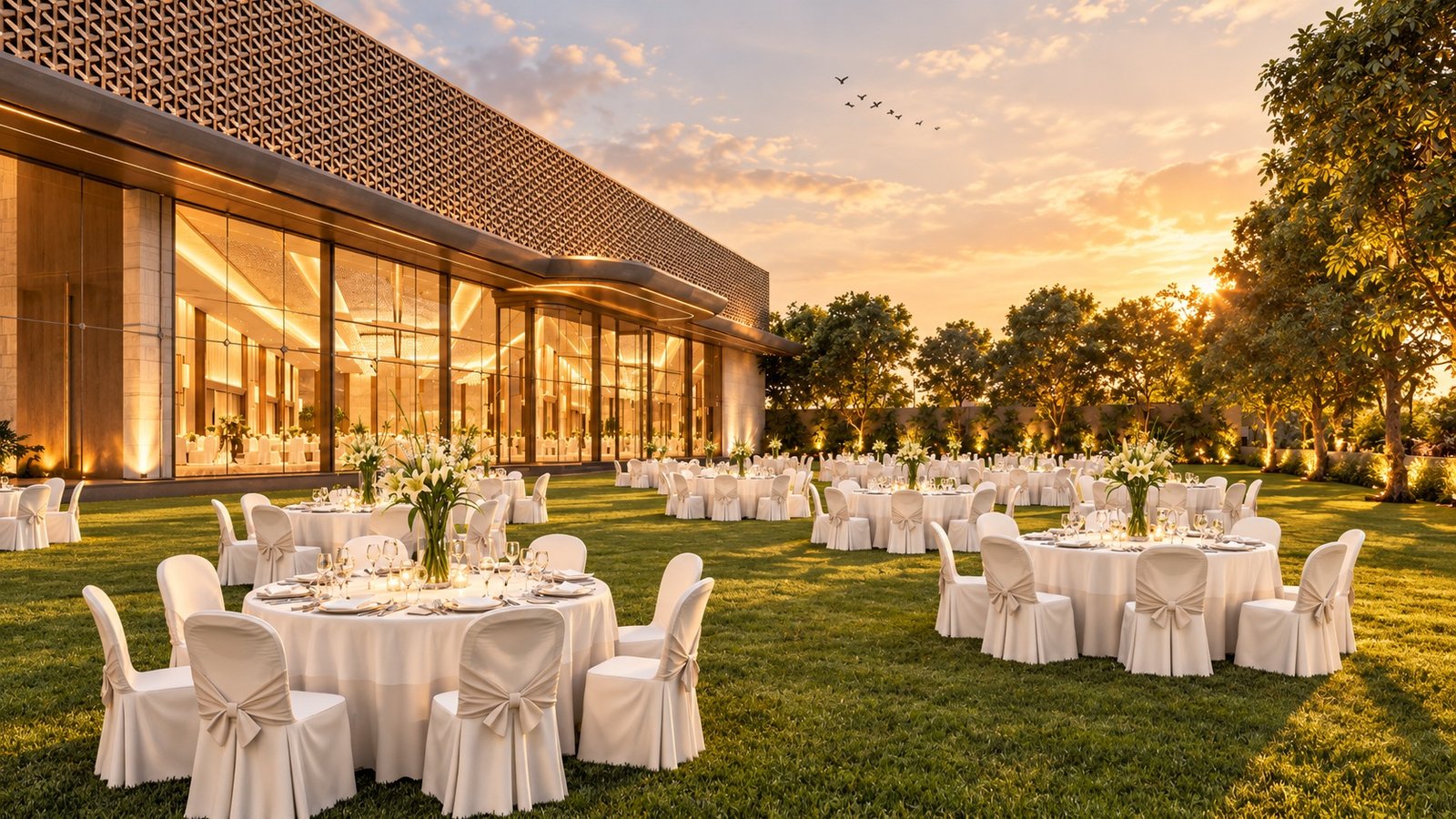 A lawn set for dinner along the hall’s glazing at sunset