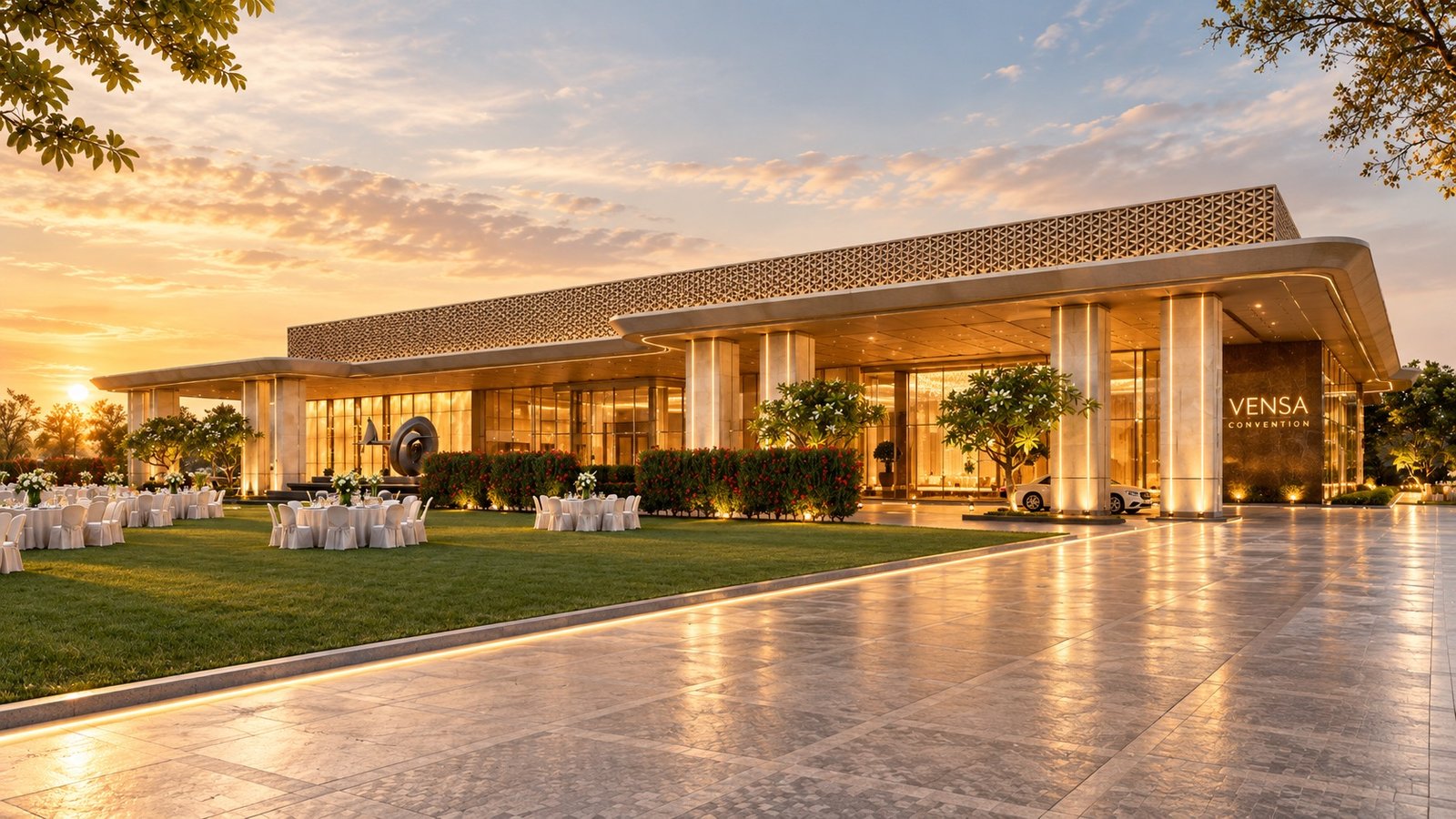 The front at sunset, tables on the lawn beside the forecourt