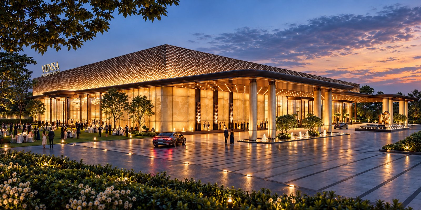 Vensa Convention at dusk: the lit lattice roof over the glazed front of the halls, guests at tables on the lawn, a car on the forecourt and a fountain court by the portico
