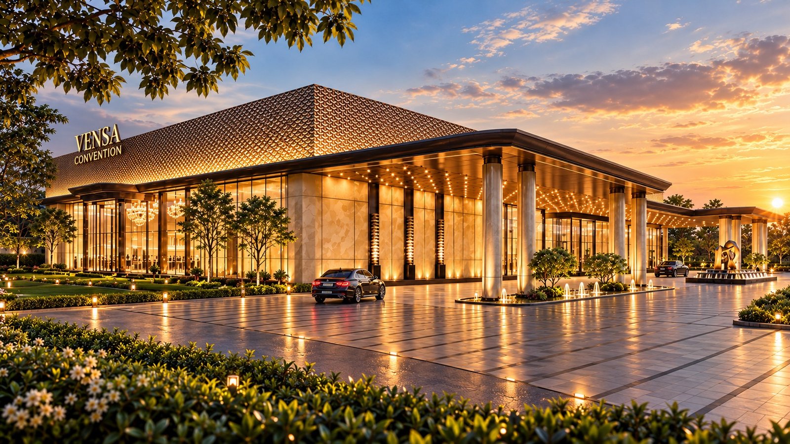 The building at golden hour, the fountain court before the portico