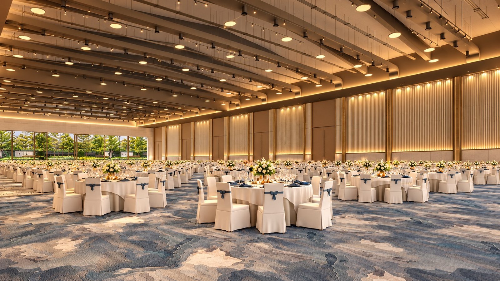 A grand hall set with round tables across a blue-and-cream carpet, the fluted, lit long wall to one side and the glazing to the garden at the far end