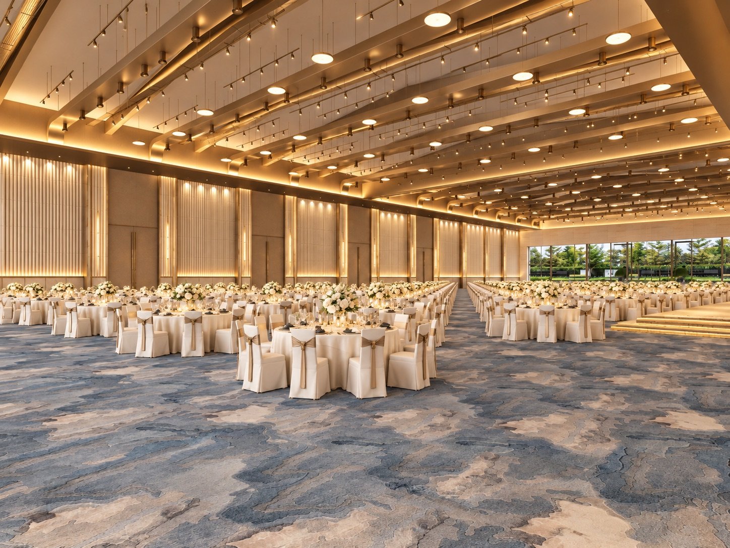 A grand hall seen across its width: rows of round tables under the beamed ceiling, the glazing and a low stage at the far end