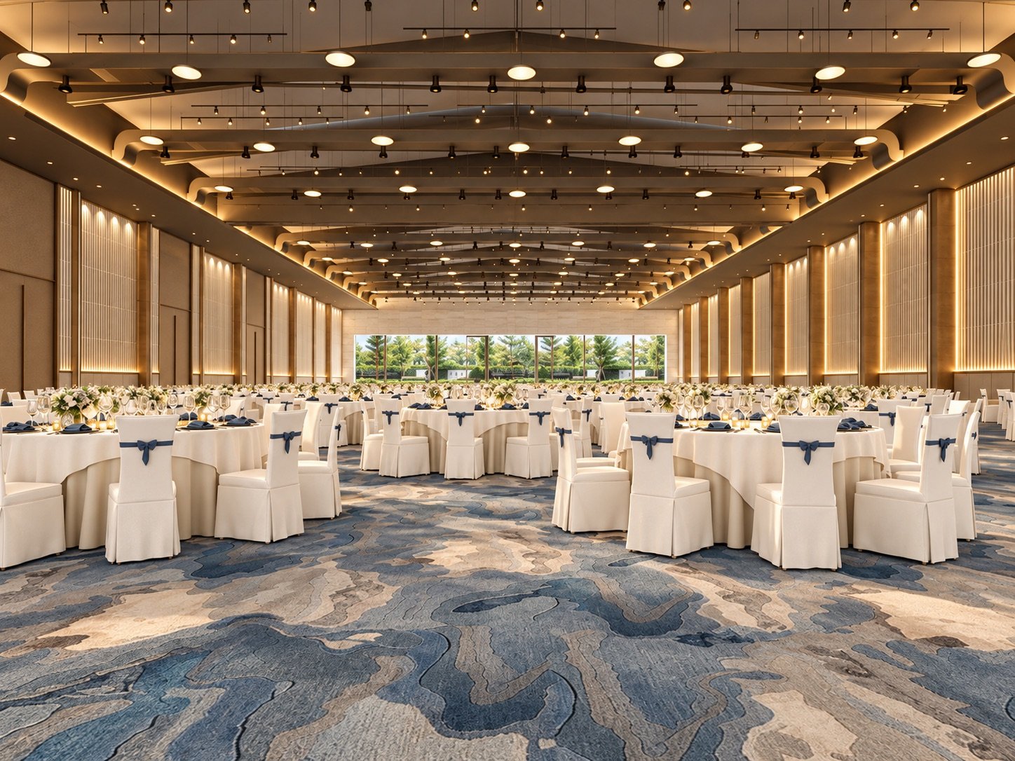 Grand hall, round tables down its length to the glazing