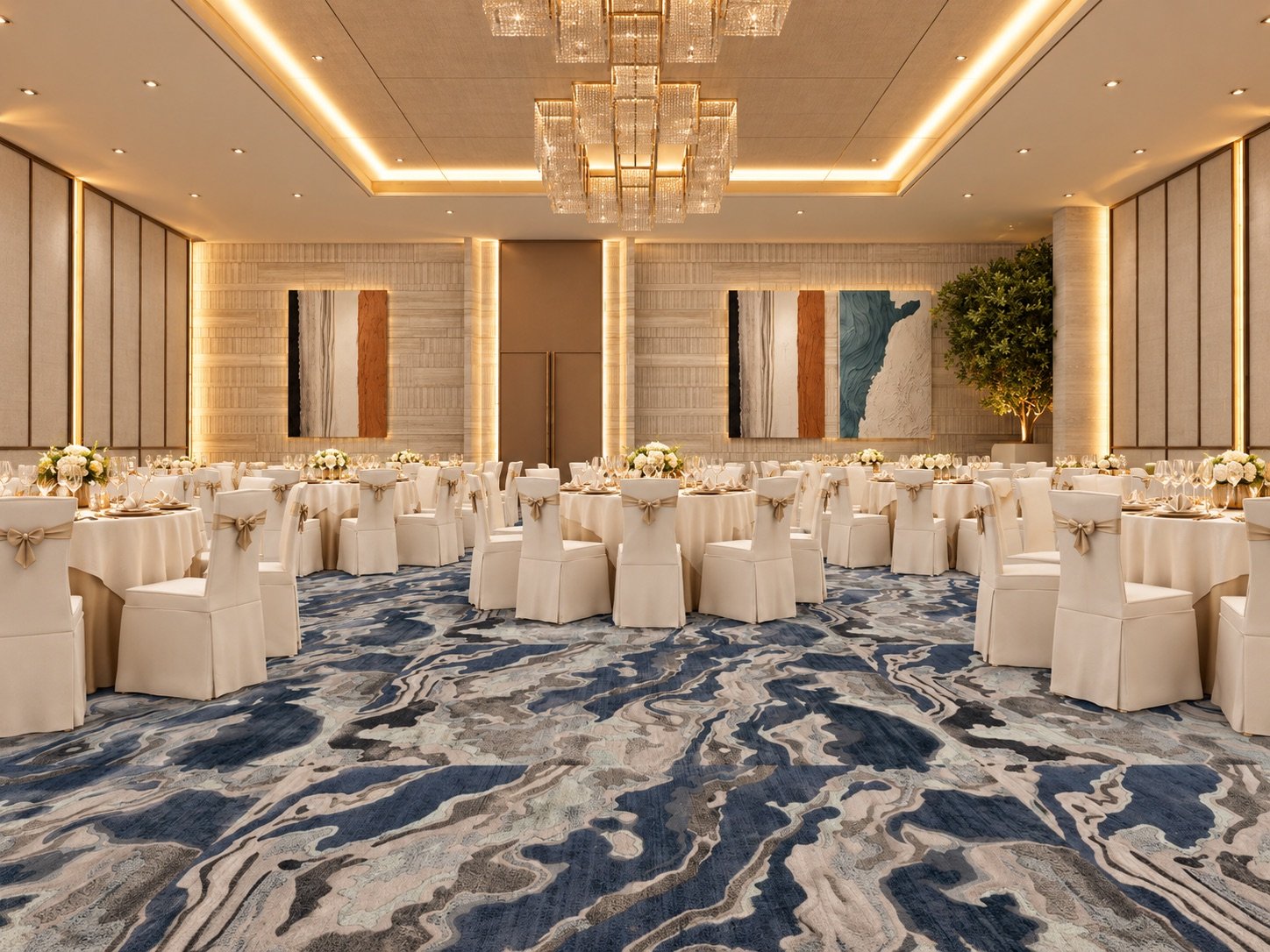 The Pearl Hall set for dinner under rectilinear crystal chandeliers, abstract paintings on the stone end wall and a blue marbled carpet