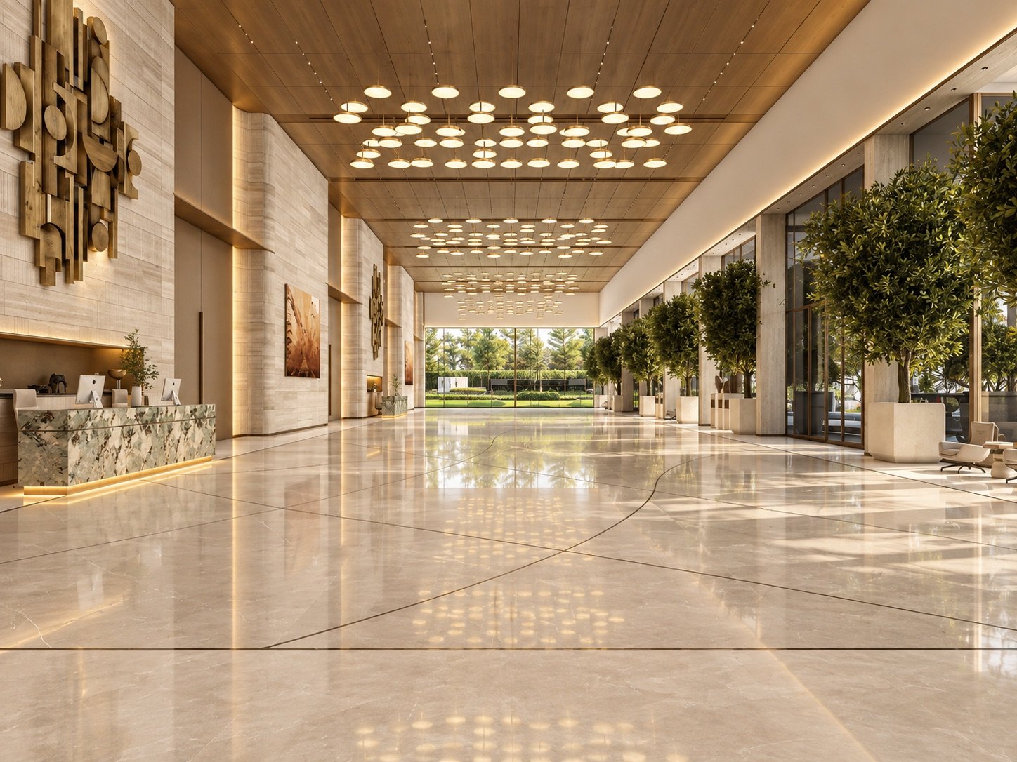 Pre-function foyer, the reception counter under the disc pendants