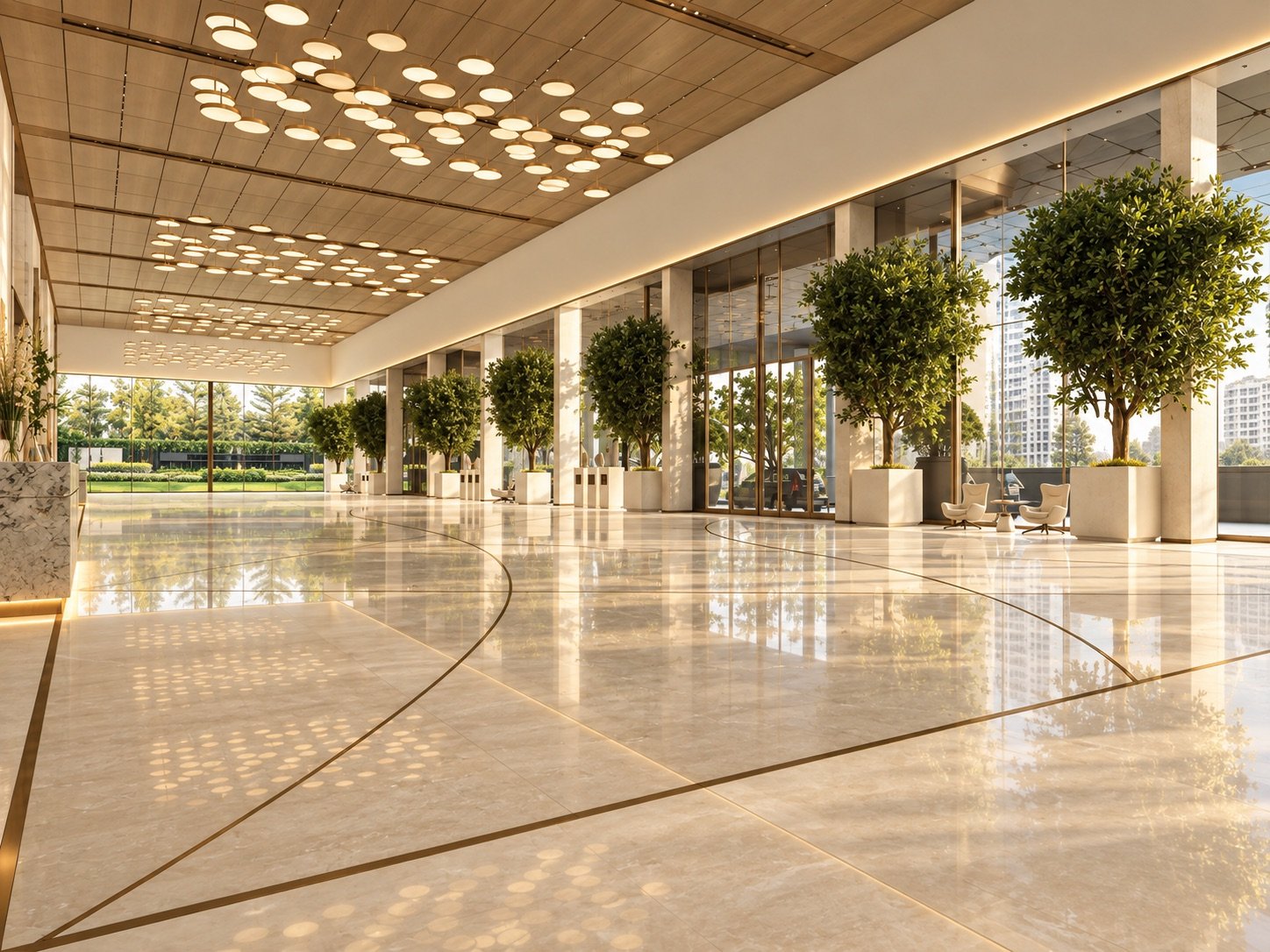 The foyer’s glazing, lined with trees in planters