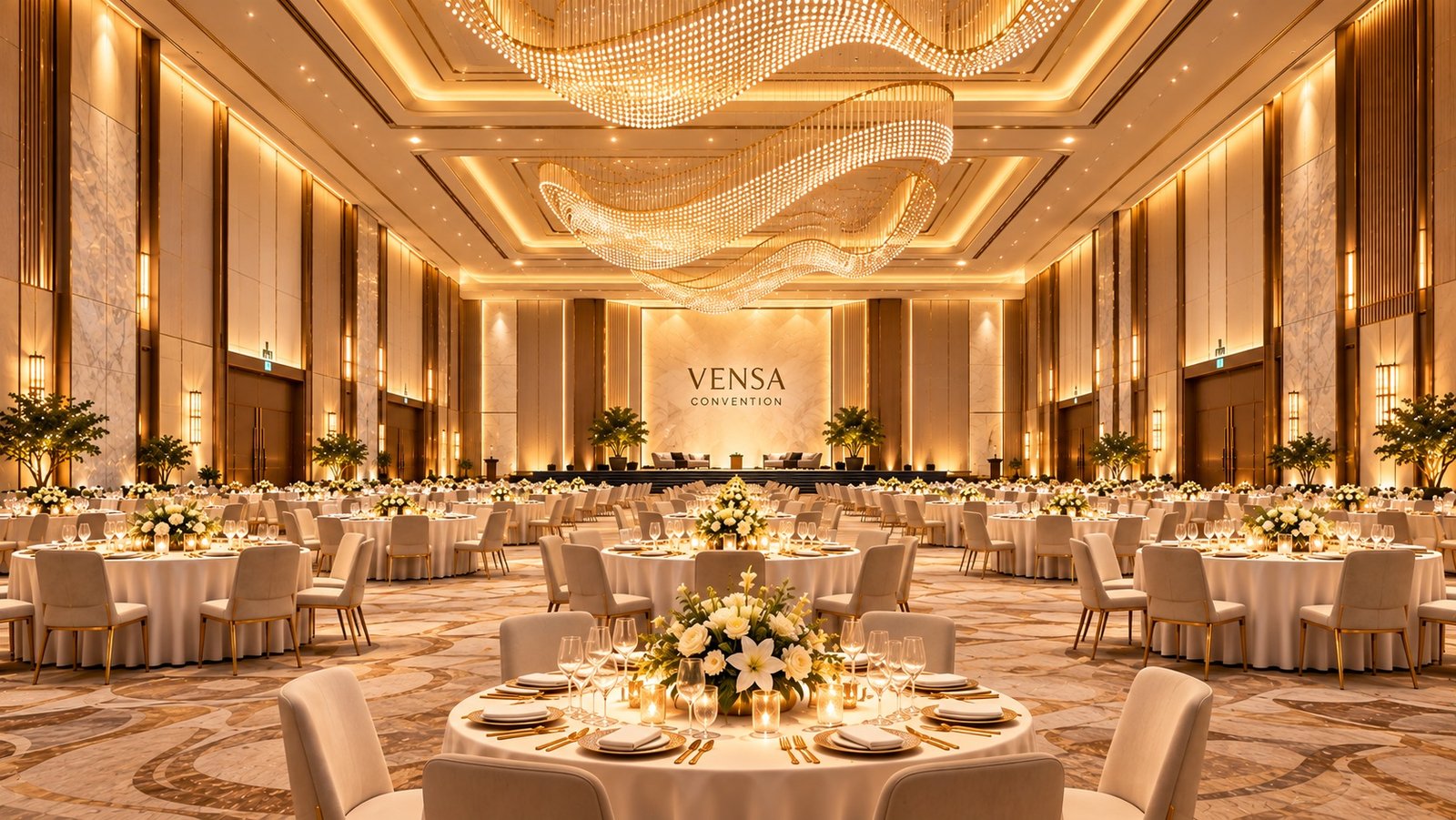 A grand hall set for a banquet under cascading crystal chandeliers