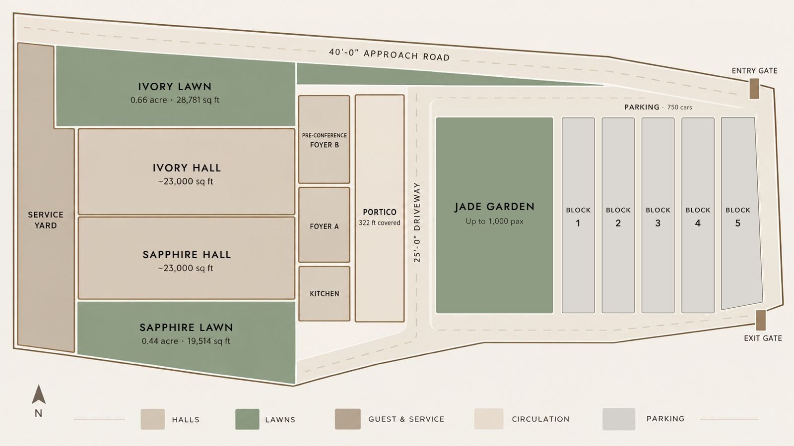 Site plan showing Sapphire Hall. The south grand hall — column-free under a coffered ceiling — opens through a wall of glass onto its own 0.44-acre lawn: the ceremony inside, the reception under the sky.