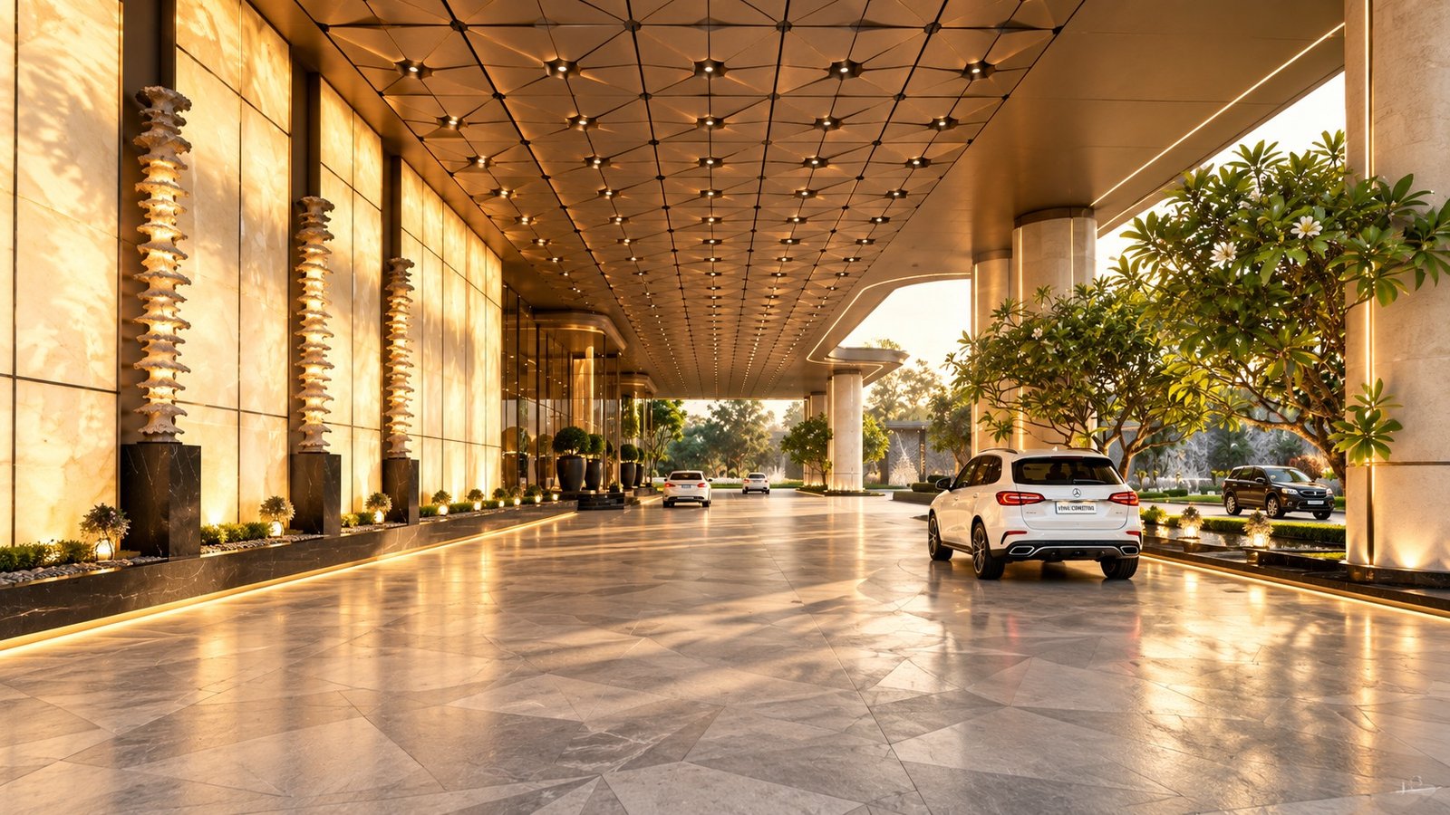 A white car drawing in under the portico: the long coffered canopy overhead, lit stone panels and sculpted columns along the building, frangipani trees at the open end