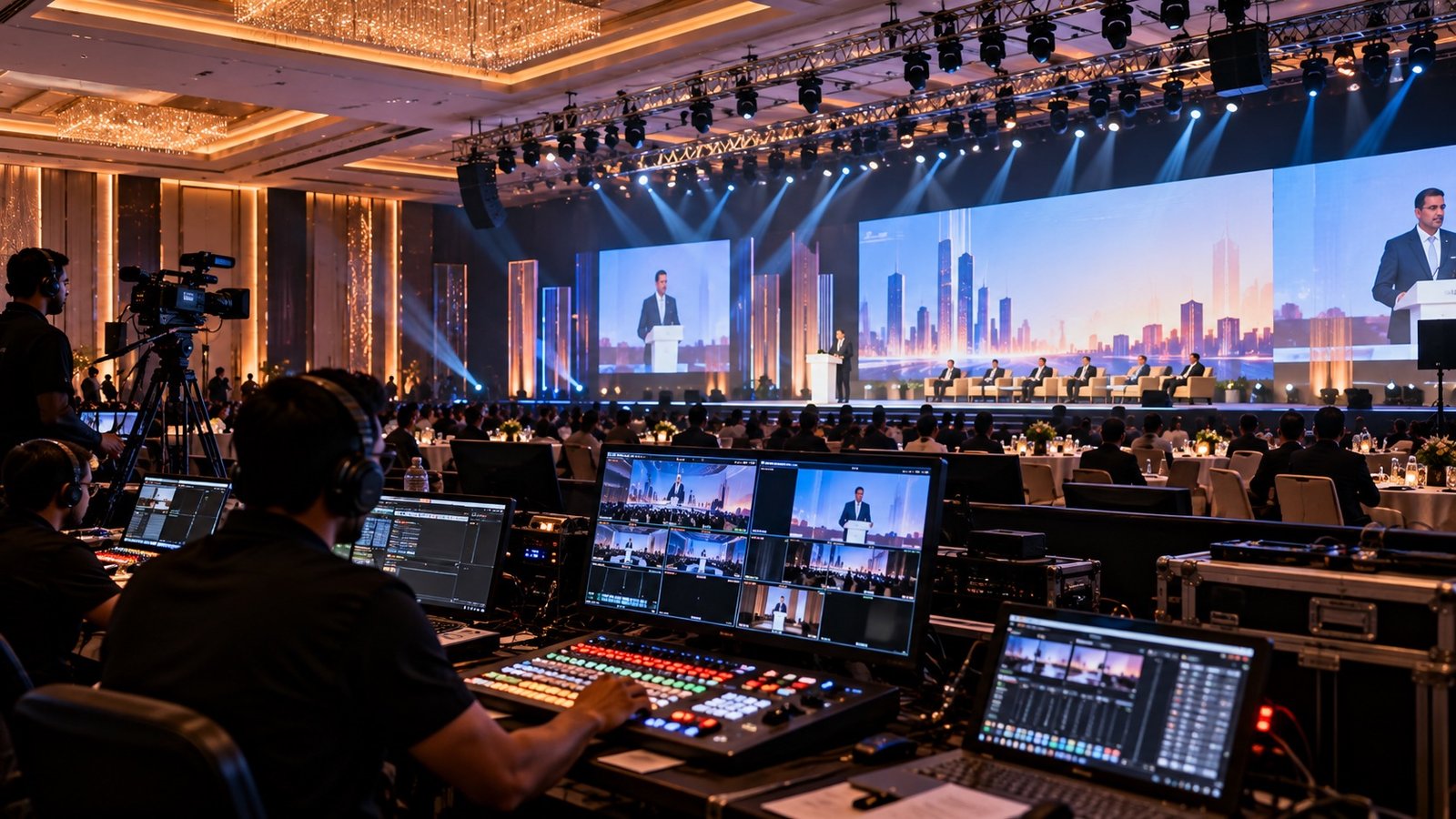 Front of house at a conference in a Vensa hall: a crew in headsets at the vision mixer and laptops, a camera on its tripod, the stage and its screens beyond