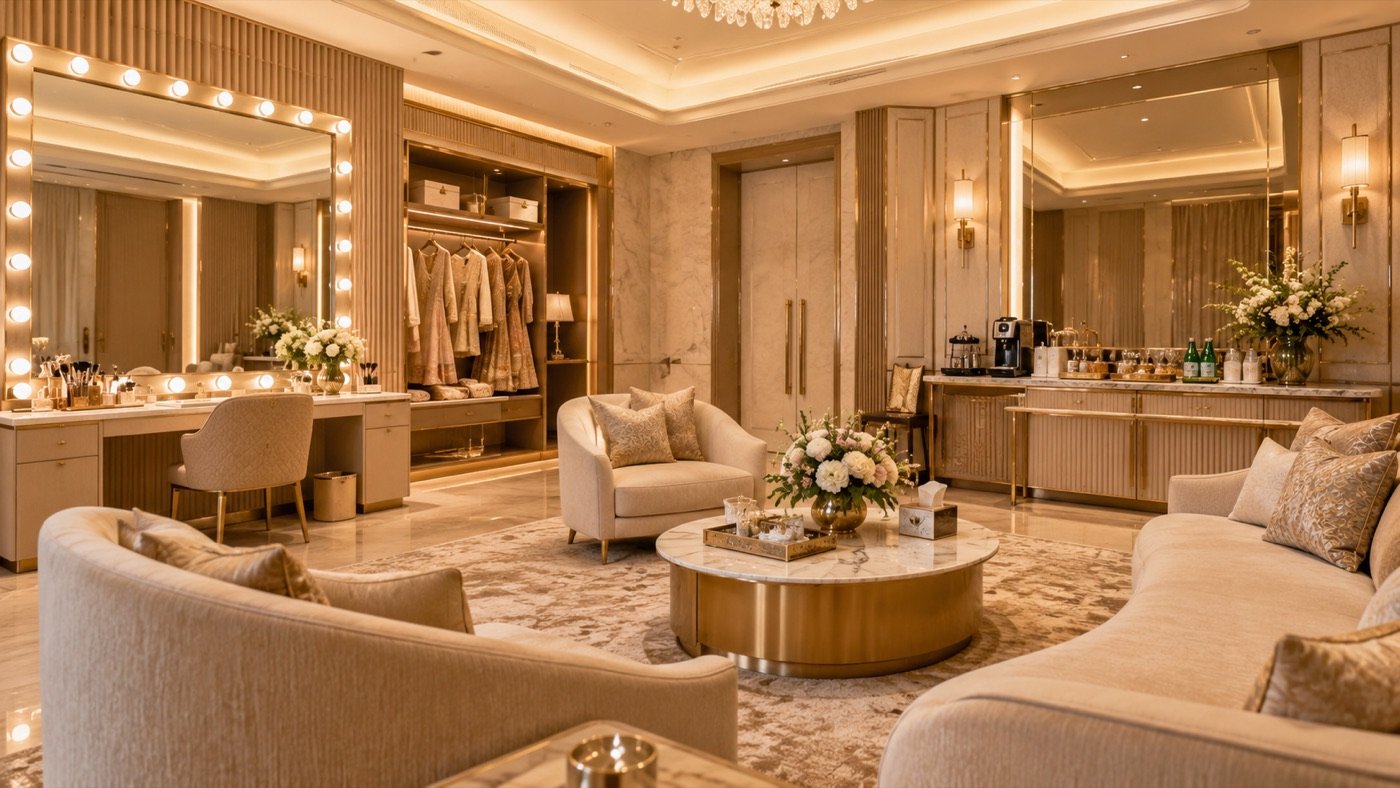 A green room lounge in cream and gold: a make-up mirror ringed with bulbs, a wardrobe rail of outfits, curved sofas round a brass table, and a refreshment counter