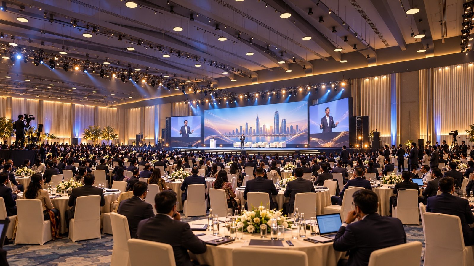 A conference in a Vensa grand hall: delegates at round tables facing a lit stage, a speaker framed on the big screens under rigs of stage lights
