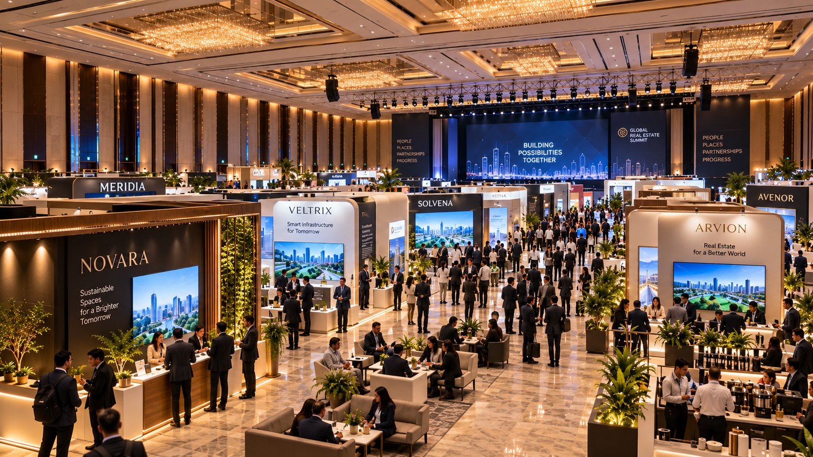 A trade fair in a Vensa grand hall: branded stands with screens and lounges along the aisles, visitors walking between them under chandeliers, the stage screens beyond