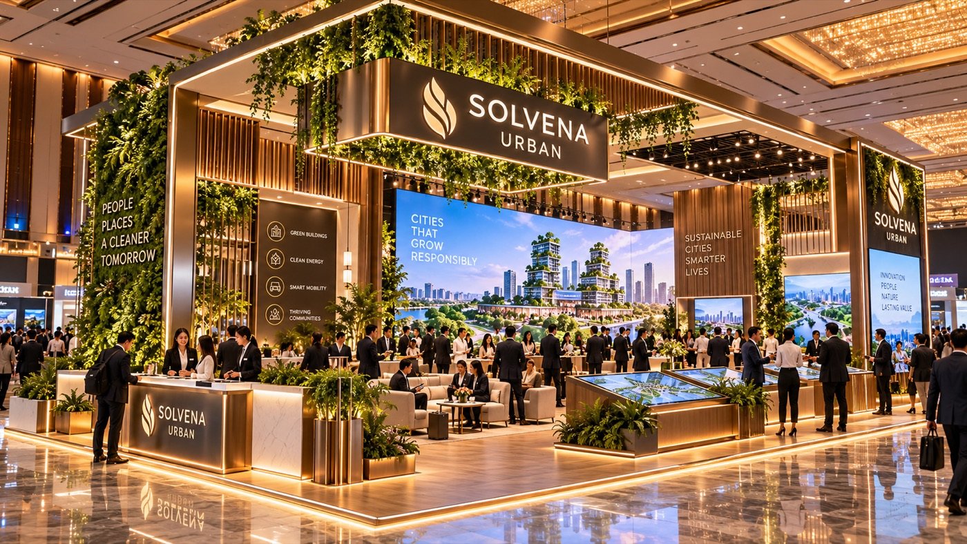 A stand on the trade floor: a timber-framed pavilion hung with greenery, a reception counter and lounge, screens of city renders, visitors talking under the hall’s chandeliers