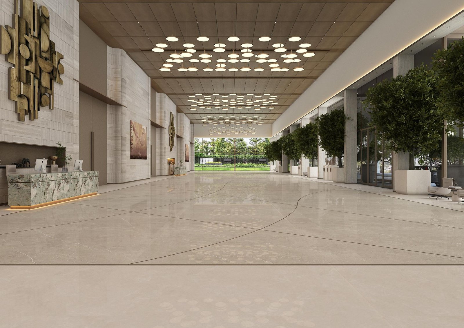 A foyer’s reception counter beneath the pendant ceiling