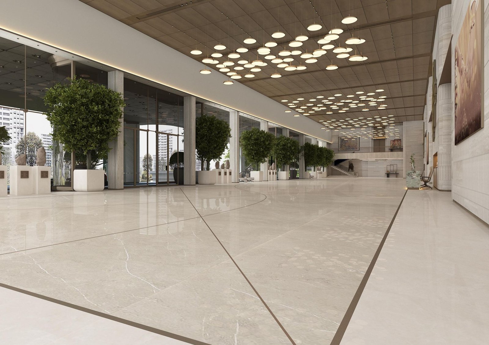 A double-height foyer: marble floor with brass inlay, constellation pendants and tall trees along the glazing