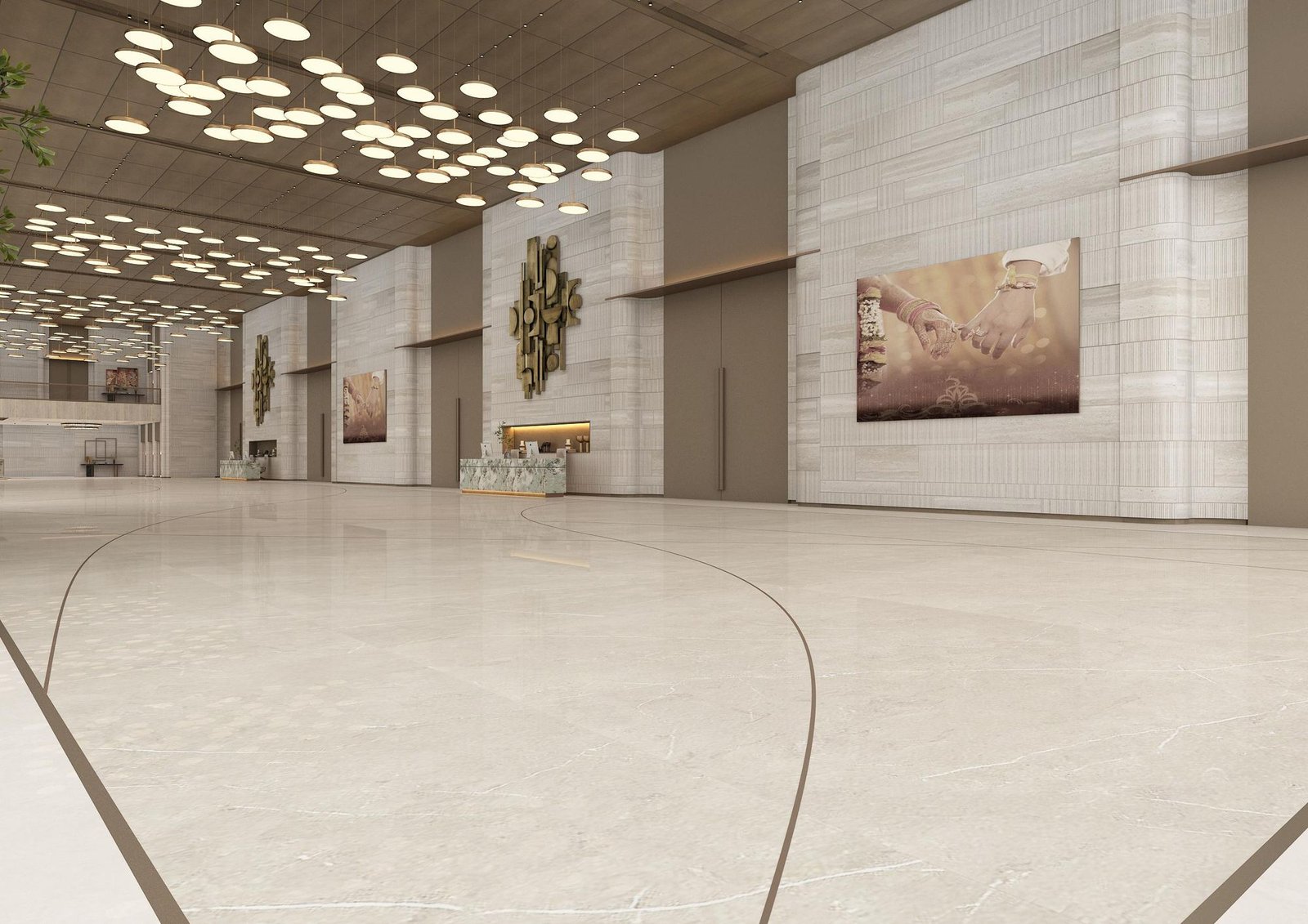 A foyer’s ceiling of circular pendant discs, lit, above a stone wall hung with bronze relief artwork and a reception counter