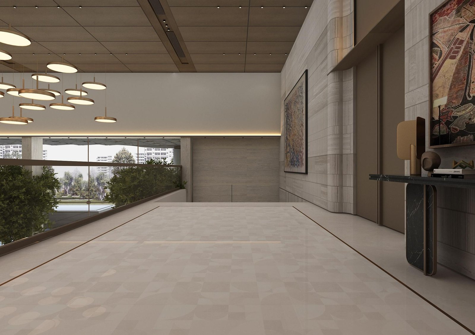The Vensa lobby, its glazed wall looking onto greenery