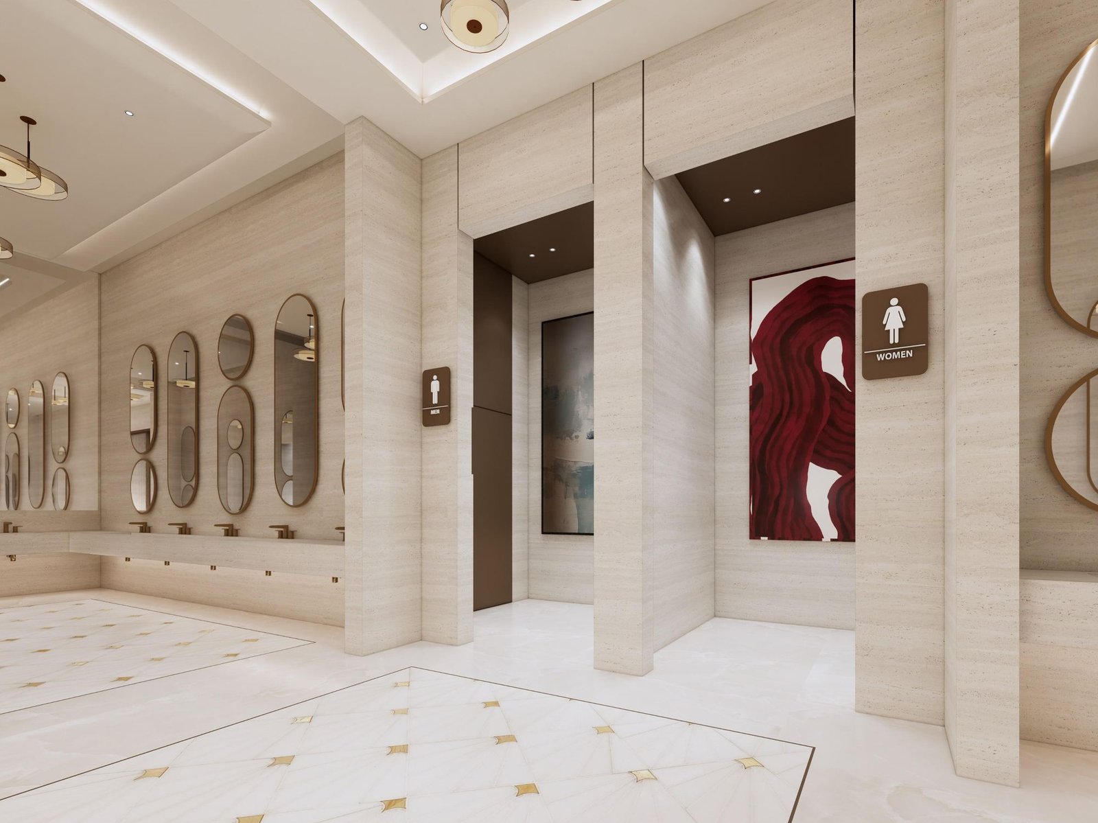 A marble floor inlaid with gold stars before the entrance to the ladies’ restroom, a red artwork on the wall