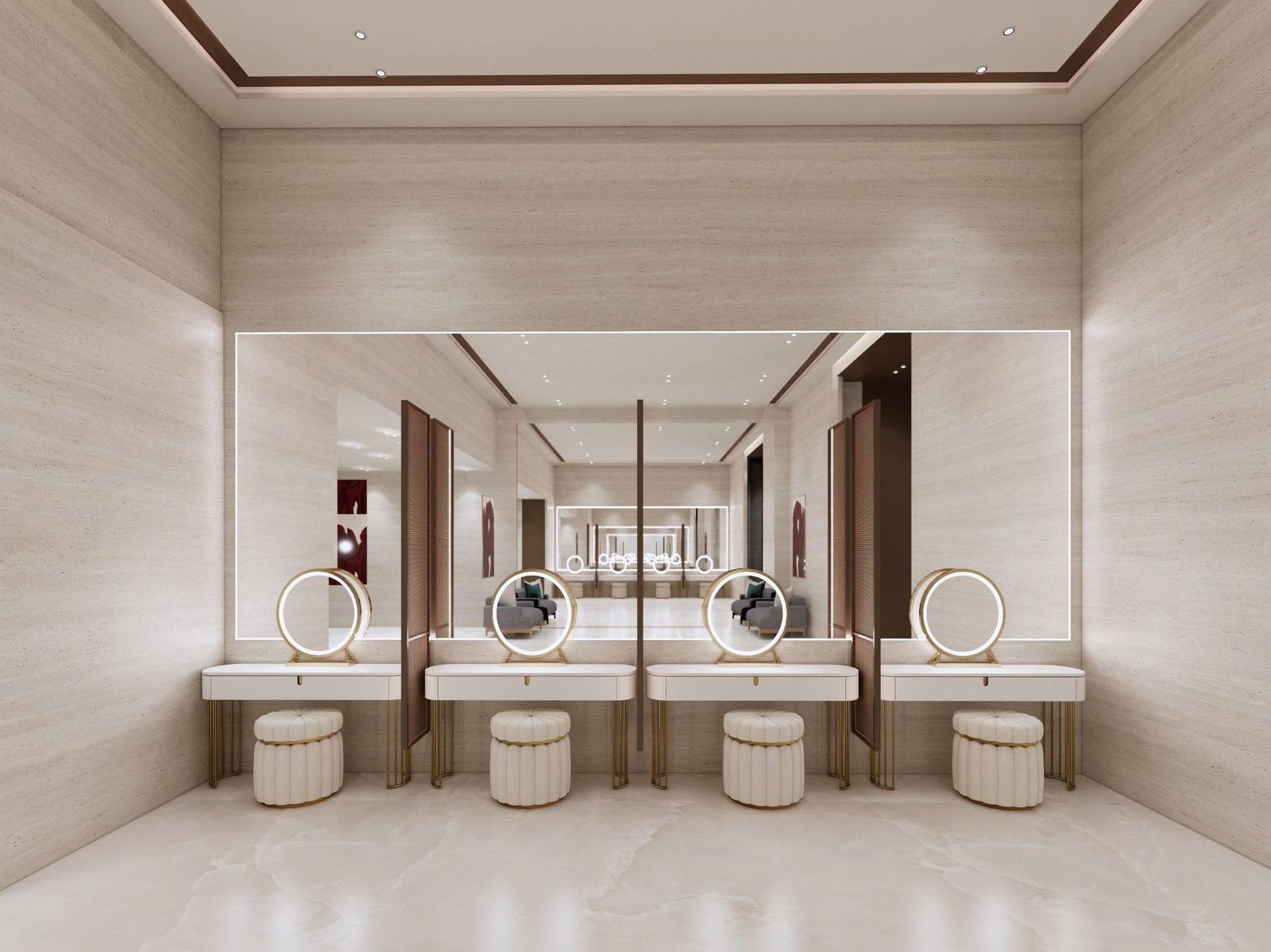 A powder lounge: seated vanities with round ring-lit mirrors and upholstered stools