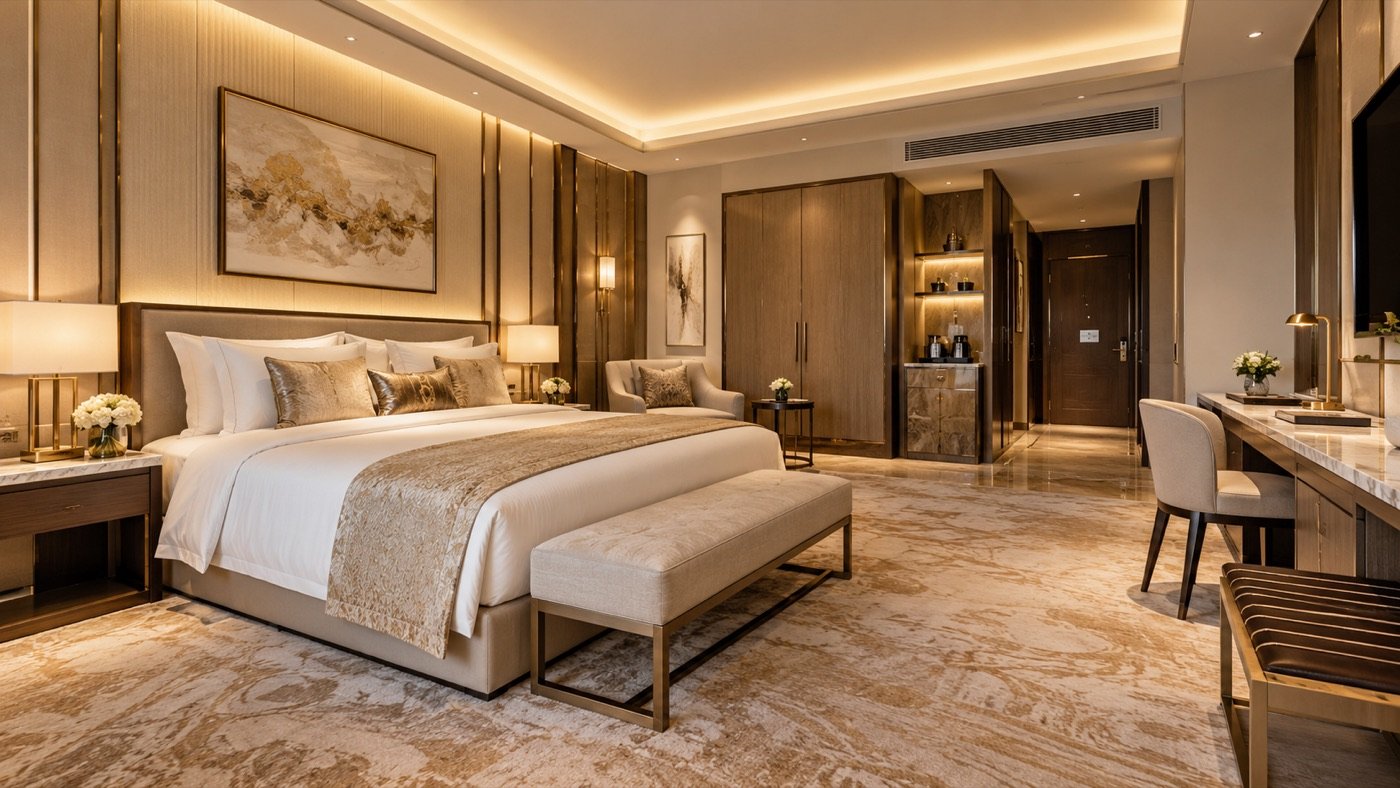 A guest room in cream and gold: a wide bed with a bench at its foot under a framed artwork, a desk and armchair, and a wardrobe wall lit from within