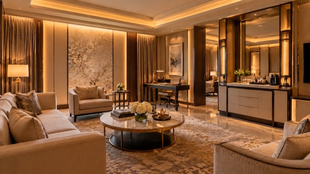 A room’s sitting area: a deep sofa and armchair round a brass-edged table with flowers, a writing desk and a lit cabinet beyond