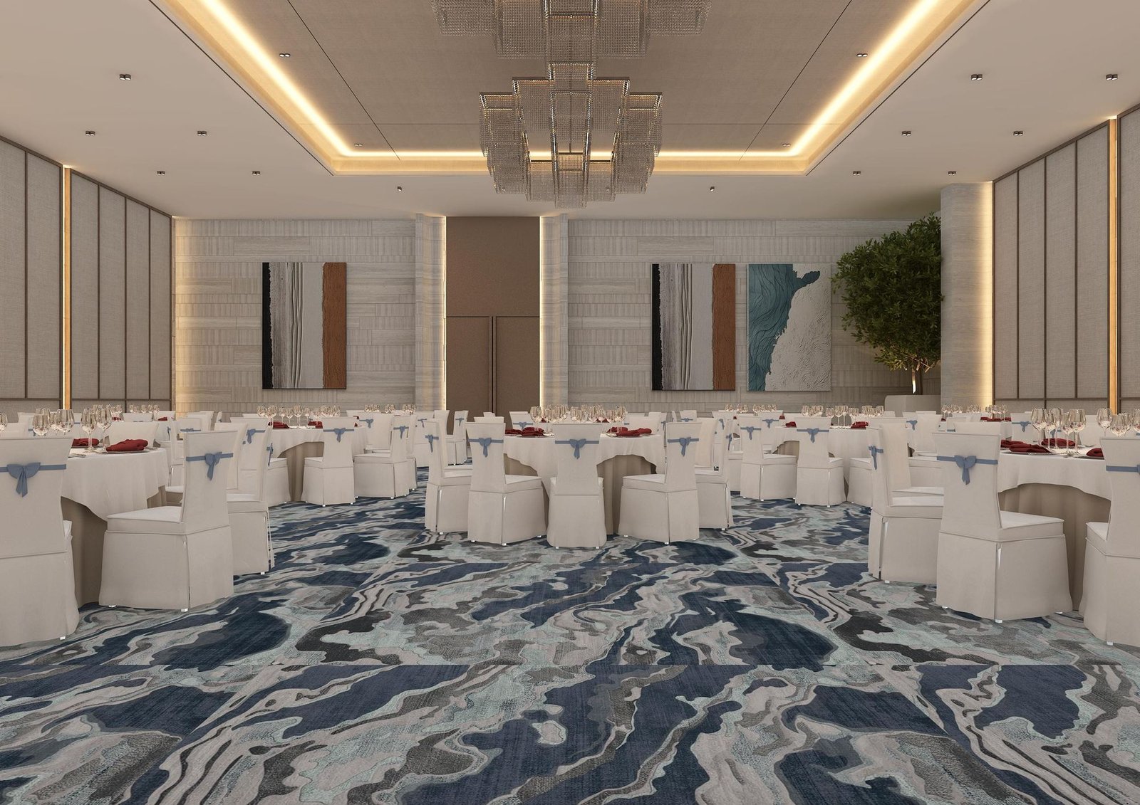 The Pearl Hall set for dinner under rectilinear crystal chandeliers and a gold-lit ceiling cove