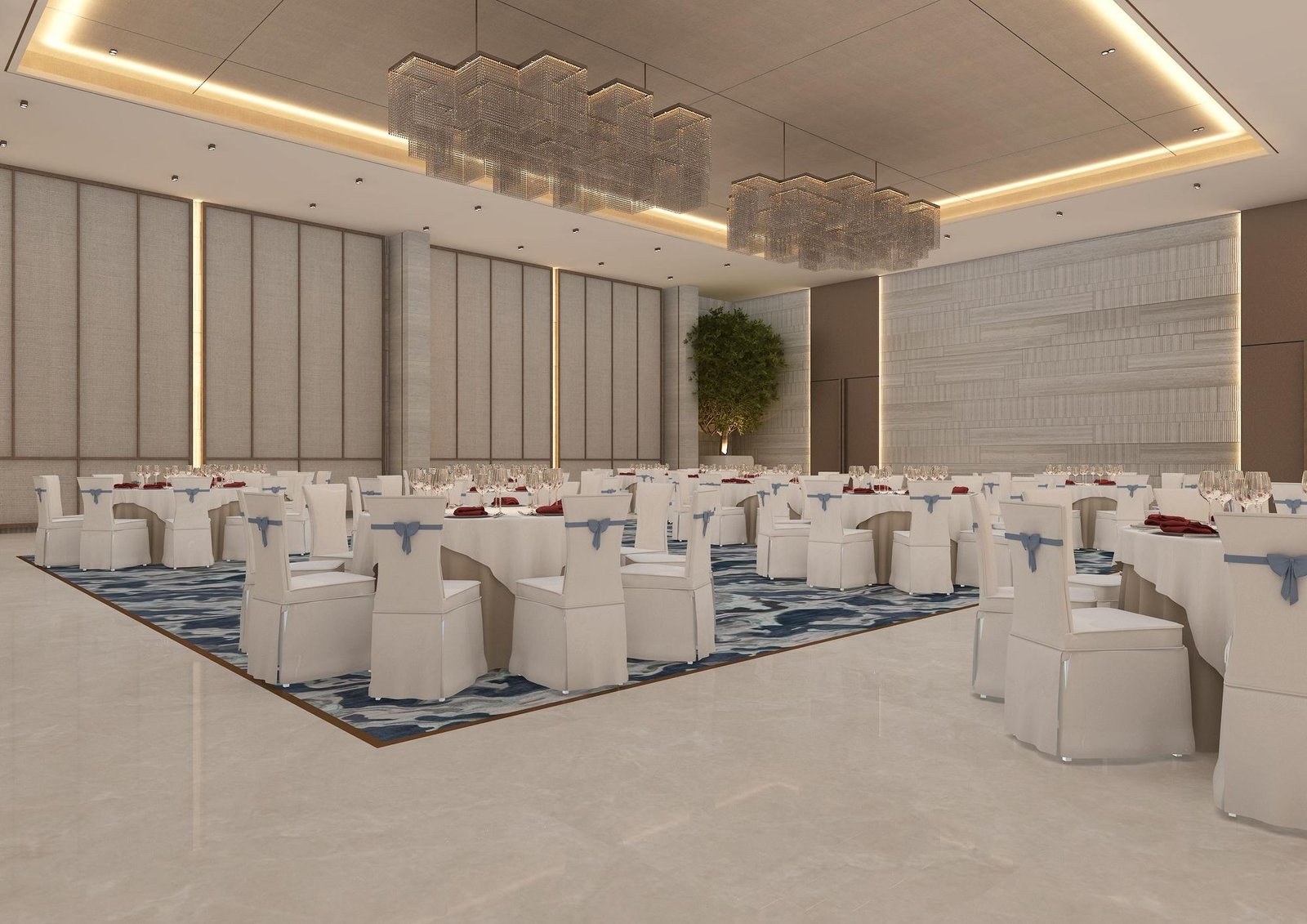 The Pearl Hall laid with round tables around an open marble floor for dancing