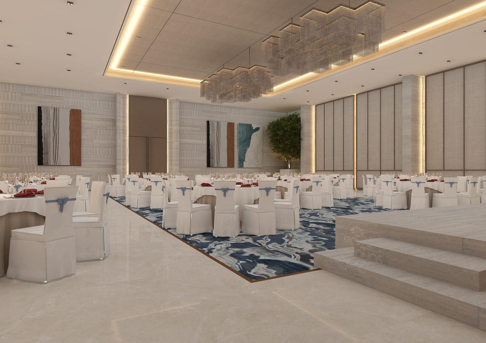 The Pearl Hall’s built-in stage: a broad stone dais with three steps down to the marble floor