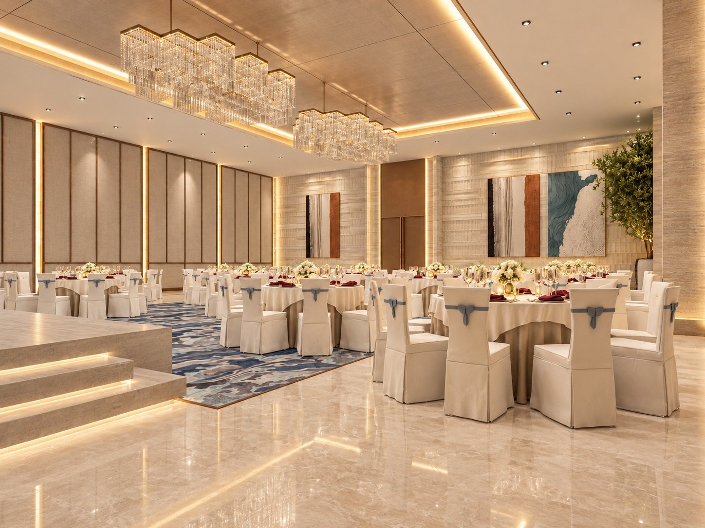 The Pearl Hall’s built-in stage: a broad lit dais with steps down to the marble floor, round tables laid beyond it under crystal chandeliers