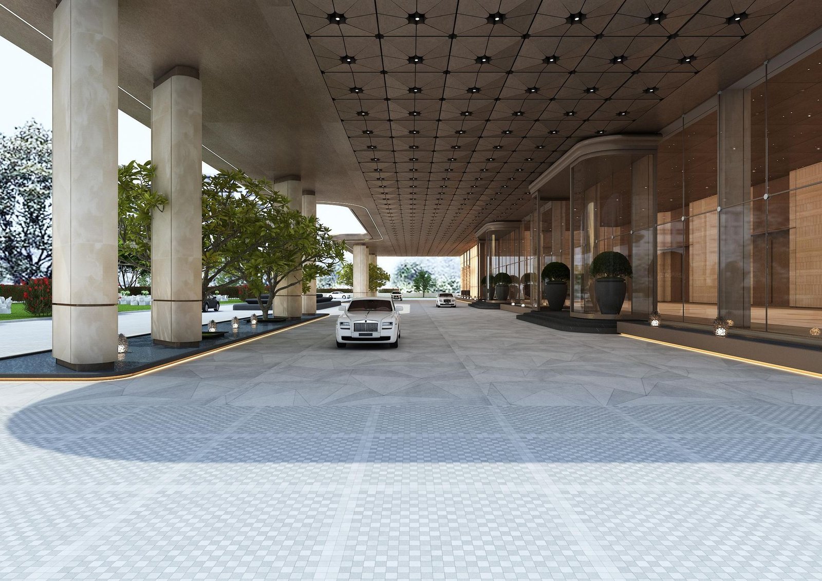 The covered portico drive, a car arriving under the canopy between columns