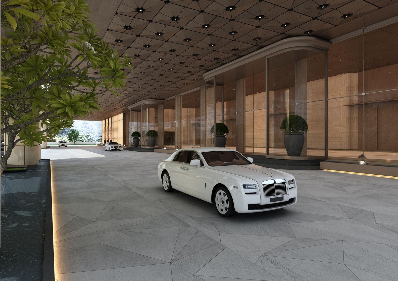 A car drawn up under the long covered portico, stone columns and planters along its length