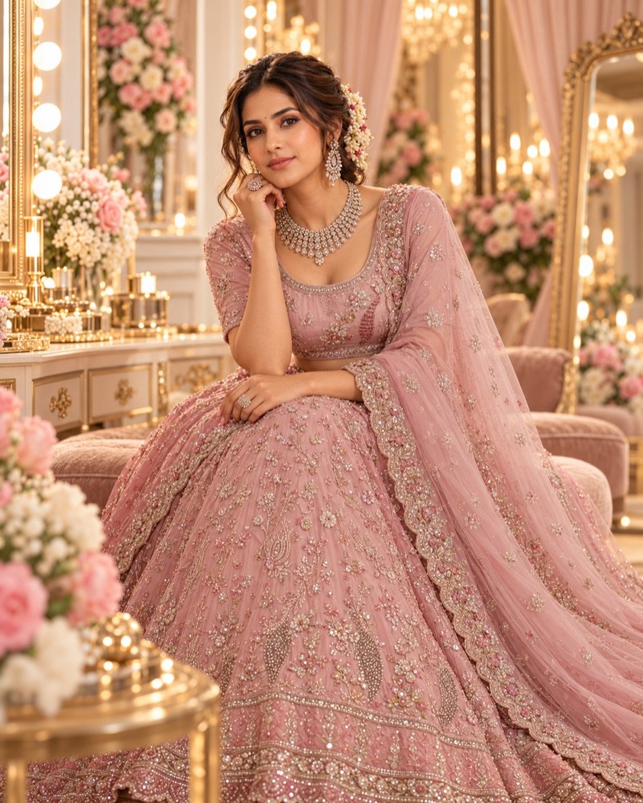A bride in a blush-pink embroidered lehenga and diamond necklace, seated in her suite beside a lit vanity mirror and pink roses