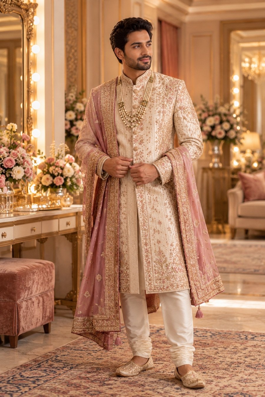 A groom in an ivory embroidered sherwani and a blush shawl, standing in his suite beside a vanity and flowers