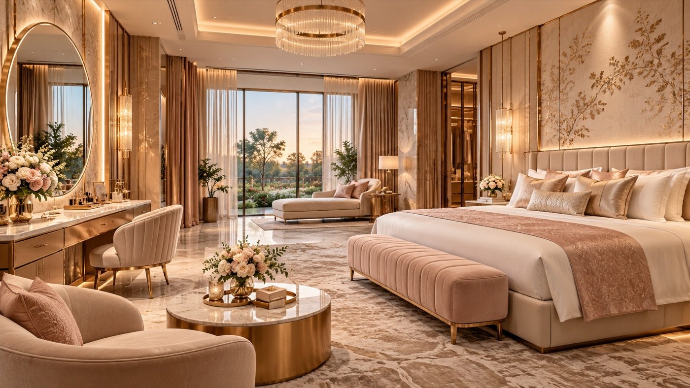 The bride’s suite in blush and gold: a wide bed with a pink bench at its foot, a vanity under a round mirror with roses, and a lounge by the tall windows