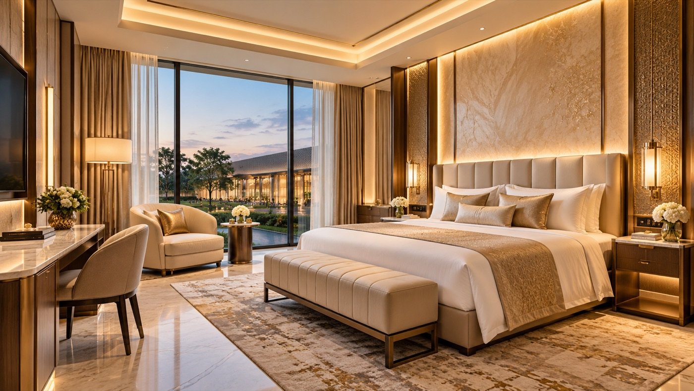The groom’s suite in ivory and gold: a wide bed under a lit headboard wall, an armchair and desk, and the lawns through floor-to-ceiling glass