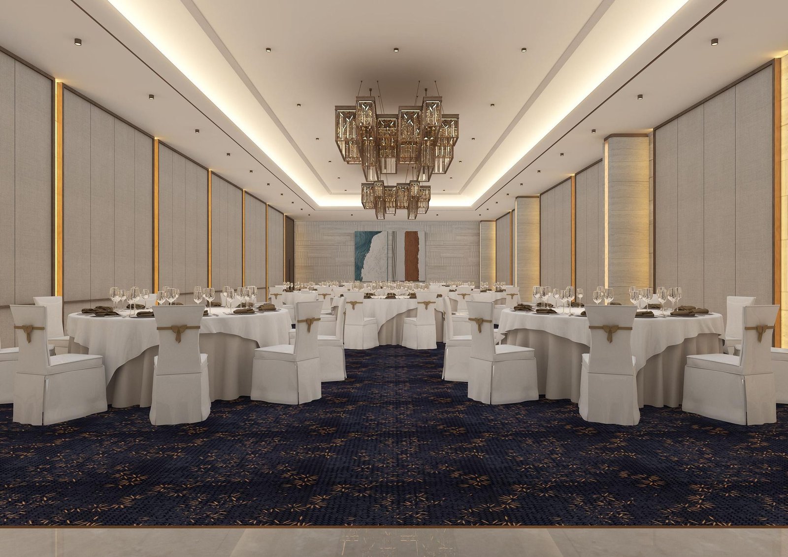 The VIP Banquet Hall laid for dinner, crystal chandeliers down its length