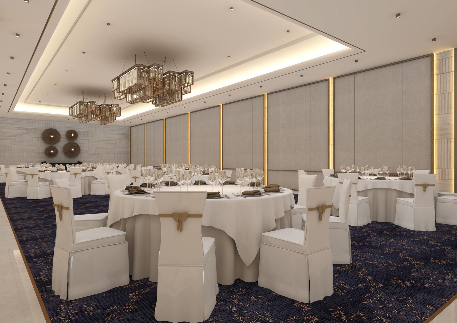 A table in the VIP Banquet Hall set with glassware and chargers
