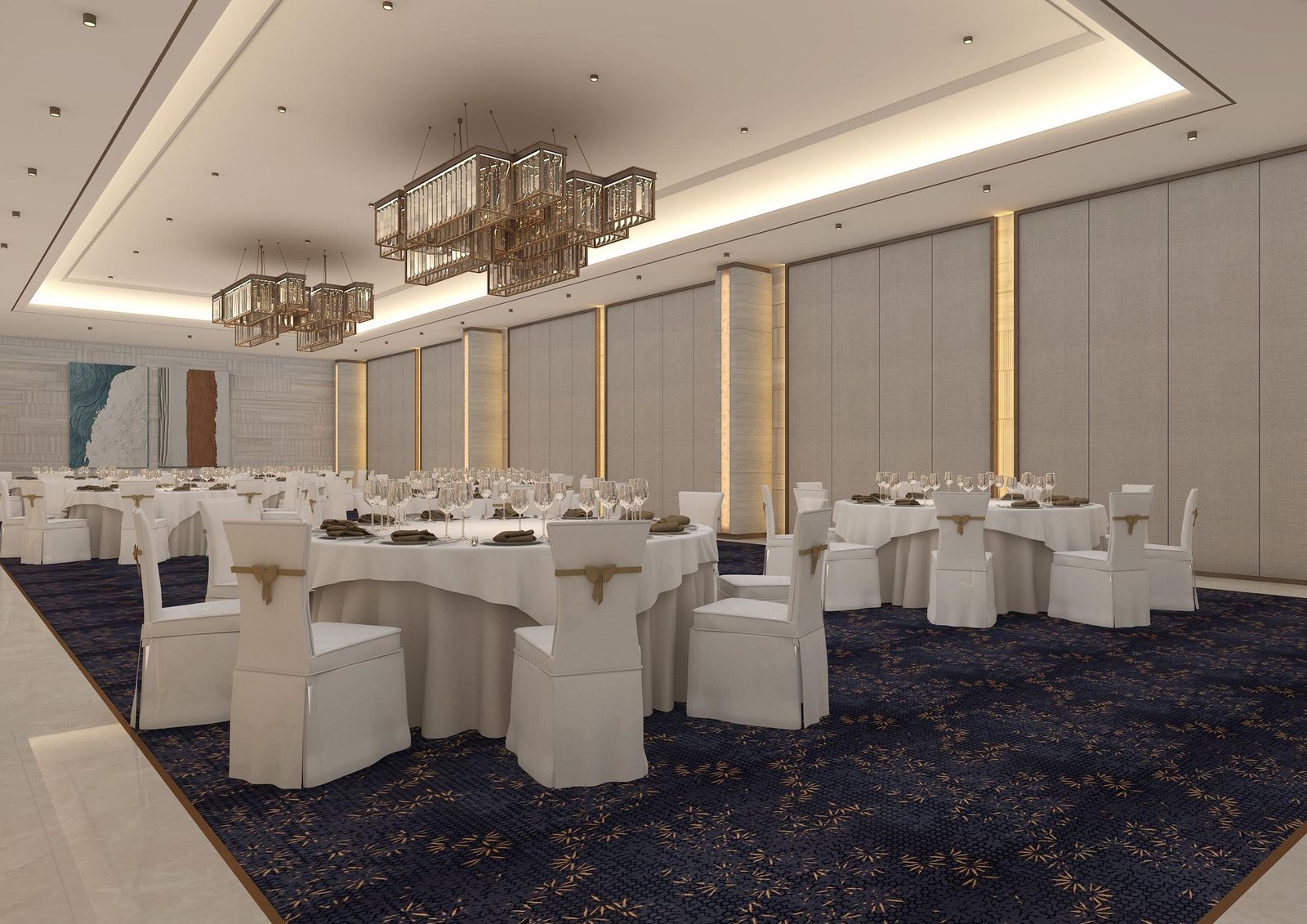 The VIP Banquet Hall’s long room, navy carpet and tiered gold chandeliers above laid tables