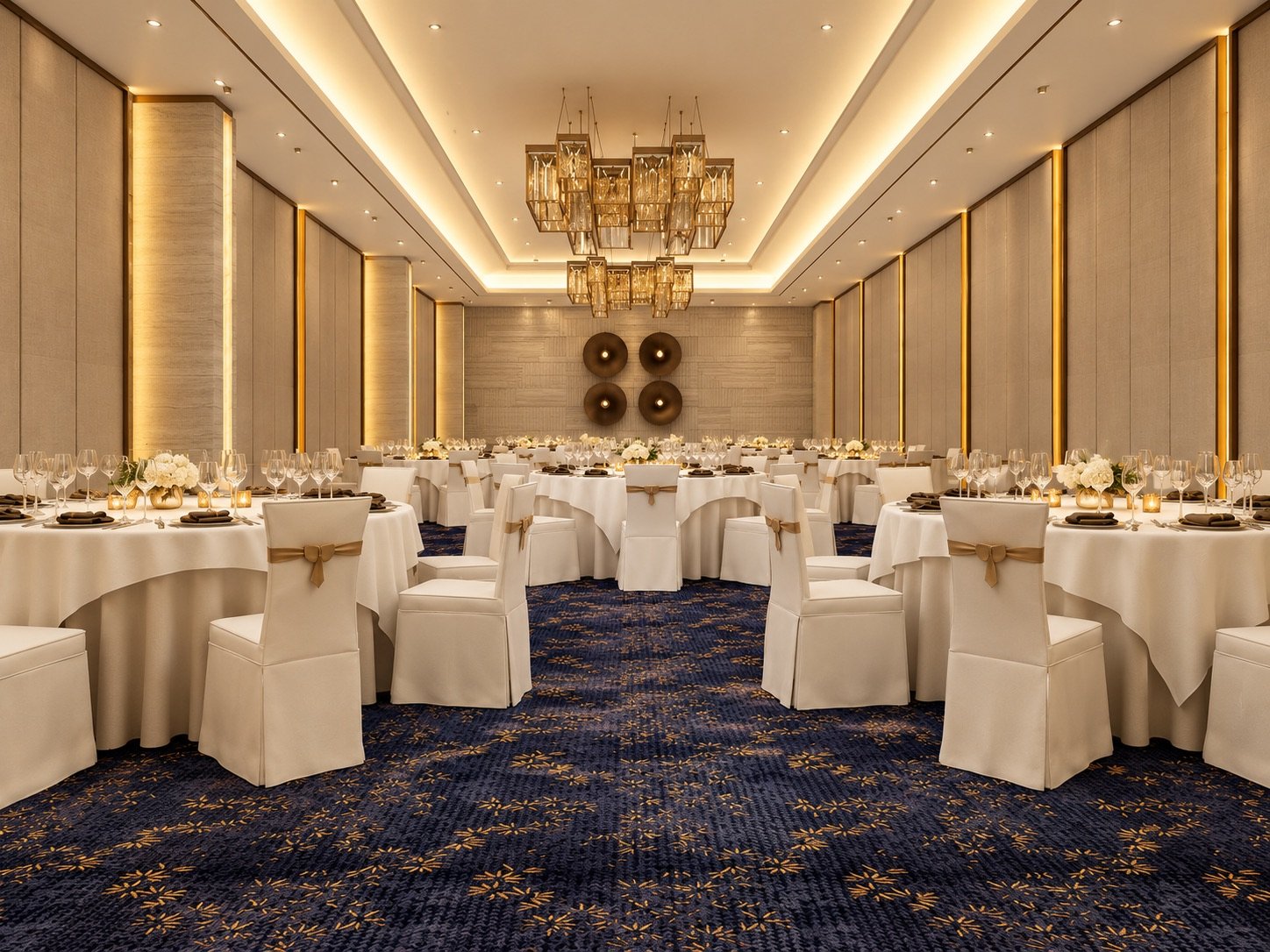 The VIP Banquet Hall laid for dinner: round tables in white with gold-sashed chairs on a navy patterned carpet, a lantern chandelier and bronze wall discs beyond