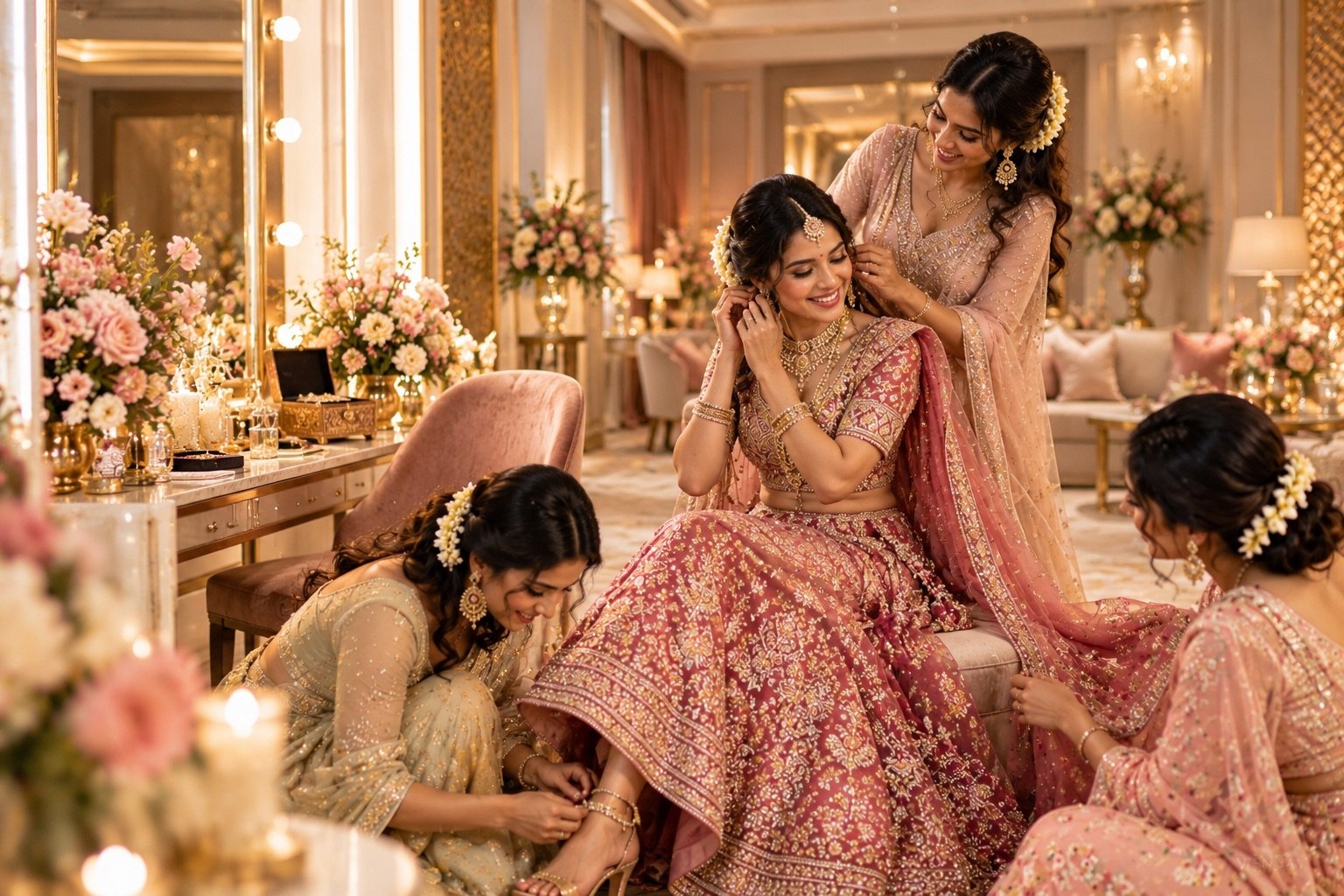 A bride in a blush-pink lehenga getting ready in a suite, her friends fixing her hair and fastening her sandals beside a lit vanity