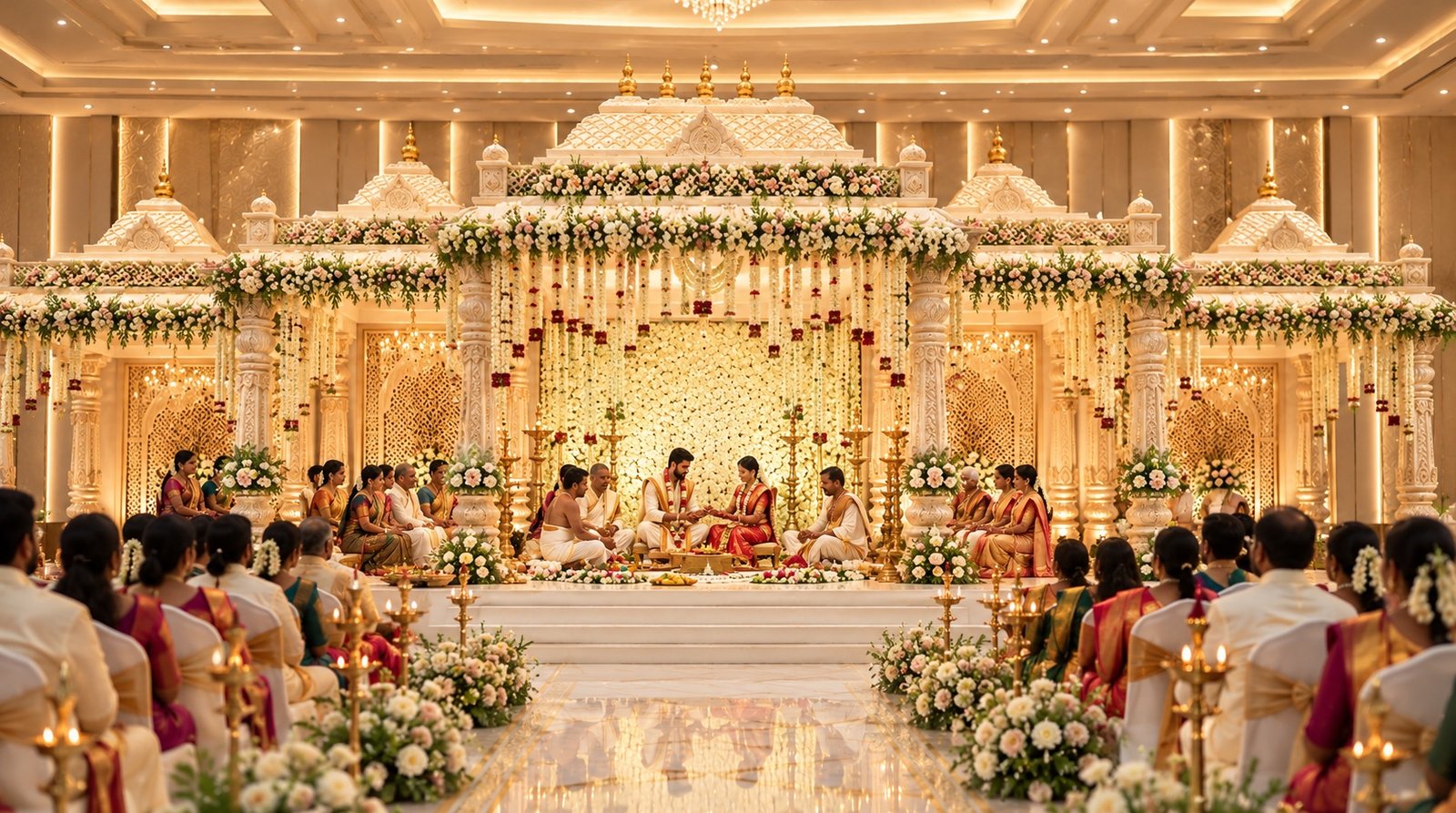 A South Indian wedding in a grand hall: the couple seated at the centre of a white-and-gold mandap hung with flowers, family in silk saris and veshtis seated either side