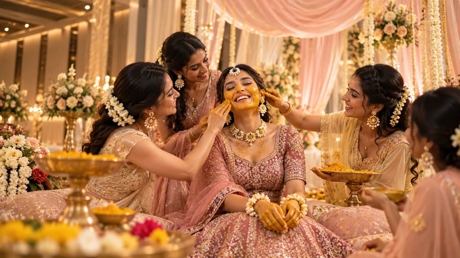 A smiling bride in a blush lehenga at her haldi, friends dabbing turmeric on her cheeks from brass bowls among white flowers